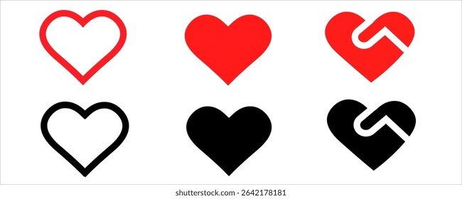 Set of hearts in red color, vector set of heart icons, set of hearts of different shapes for design. Collection of hearts. Vector art. Heart, love, romance hearts. Vector icons. 