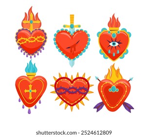 Set of hearts. Red hearts with fire. Traditional mexican culture elements. Love, romance and attraction, passion. Marriage and wedding. Flat vector collection isolated on white background