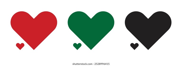 Conjunto de corações nas cores vermelha, verde e preta no fundo branco. Ícones de coração vetorial.