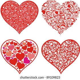 Set of hearts. Red valentine hearts in floral style isolated on White background. Vector illustration