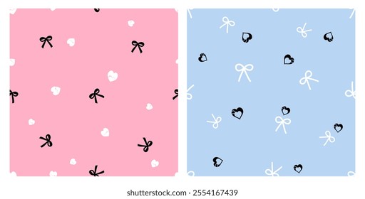 Set of hearts and ribbon bows on pink and blue backgrounds vector.