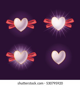 Set of hearts with ribbons and different glow for a computer game and web design. Vector elements.