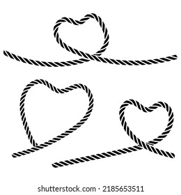Set Hearts rope black monochrome silhouette. Rope hearts. Flat vector illustration isolated on white background