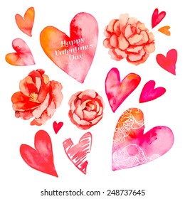 Set of hearts and roses. Valentine's Day. Watercolor heart. Vector. Camellia.