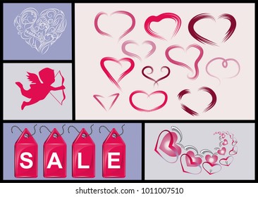 set of hearts, sales label and cupid for valentines day