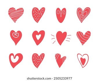 Conjunto de corazones en estilo garabato. Vector. Doodle. Aislado. Dibujado a mano. Elementos para el diseño de decoración de chatarra. Festiva, casamiento, cumpleaños. Iconos. Colección. Silueta. Estilo plano. Tinta. Formas