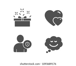 Set of Hearts, Security and Present box icons. Speech bubble sign. Romantic relationships, Person protection, Sale offer. Comic chat.  Quality design elements. Classic style. Vector