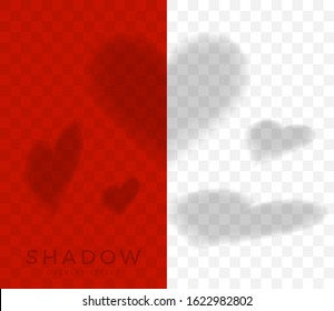 Set of hearts shadow overlay. Shadow of heart overlay effects in different perspectives for mockup. Photo-realistic vector illustration.