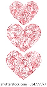 Set of Hearts shape is made of hand drawn beautiful flowers, isolated on white background. Element for Valentines Day holiday card.