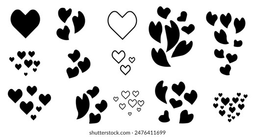 Set of hearts shapes isolated in black color. Symbol for date, wedding, mariage.