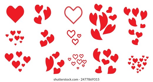 Set of hearts shapes isolated in red color. Symbol for date, wedding, mariage.