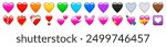 Set of hearts and shapes vector graphic on a transparent background. This diverse collection of emojis and emoticons conveys various emotions and designs, ideal for digital projects and social media.