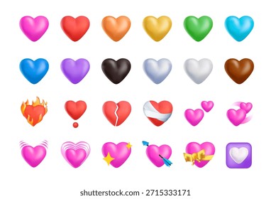 Conjunto de corazones y Formas Vector gráfico 3D Vector emoji sobre fondo blanco. Corazones colección de emojis y emoticonos, ideal para proyectos digitales e ilustración de redes sociales