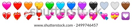 Set of hearts and shapes vector graphic on a transparent background. This diverse collection of emojis and emoticons conveys various emotions and designs, ideal for digital projects and social media.