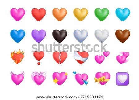 Set of hearts and shapes vector graphic 3D vector emoji on white background. Hearts collection of emojis and emoticons, ideal for digital projects and social media illustration
