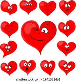 A set of hearts with a smile - icon-symbols of all lovers. Cheerful cartoon people with good mood, red badge for joy, valentine's day or wedding.