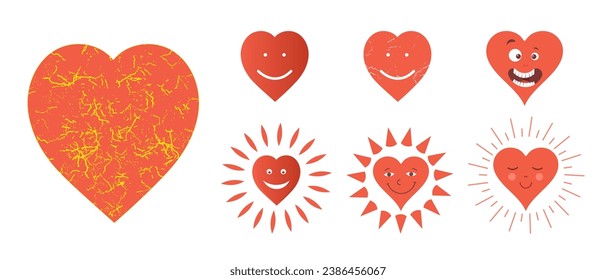 Set of hearts. Smiling emotional hearts with faces and a warm heart. Vector illustration.