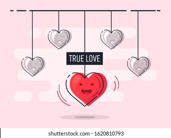 Set of hearts socket at the top with one glowing. Trendy flat vector heart icons with concept of love on pink background. 