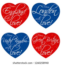 A set of hearts for souvenirs on the theme of the United Kingdom, Great Britain, England, London in the national colors. Vector illustration