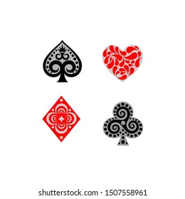 Set of hearts, spades, clubs and diamonds. Playing card suits, spade, heart, club and diamond vector set for your design or logo. Set of playing card casino symbol. Vector illustration.