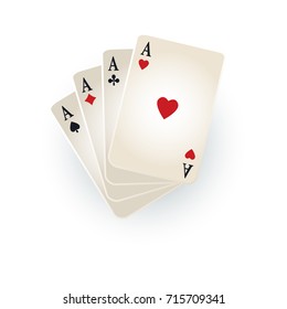 Set of hearts, spades, clubs and diamonds ace playing cards, flat cartoon vector illustration isolated on white background. Set of playing cards, ace of four suits - hearts, spades, clubs and diamonds