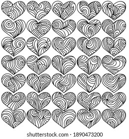 Set of hearts with spiral patterns and flowing waves, contour twists for Valentine's Day vector illustration