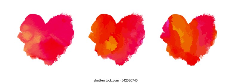 Set of Hearts. Splash background with red, pink, orange stains heart for Valentine's day and Wedding.Vector watercolor painted illustration