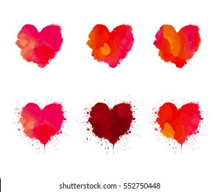 Set of Hearts. Splash background with red, pink, orange stains heart for Valentine's day and Wedding.Vector watercolor painted illustration