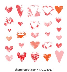 Set of hearts sponge textures. Collection of various love symbols stamps. Shape of heart on white valentine background. Vector illustration.