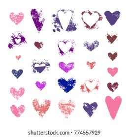 Set of hearts sponge textures. Collection of various love symbols stamps. Shape of heart on white valentine background. Vector illustration.
