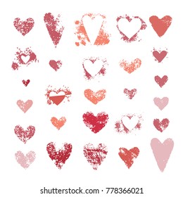 Set of hearts sponge textures. Collection of various love symbols stamps. Shape of heart on white valentine background. Vector illustration.