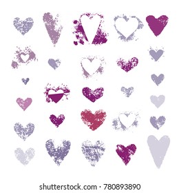 Set of hearts sponge textures. Collection of various love symbols stamps. Shape of heart on white valentine background. Vector illustration.