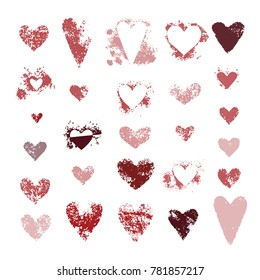 Set of hearts sponge textures. Collection of various love symbols stamps. Shape of heart on white valentine background. Vector illustration.