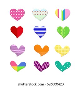 Set of Hearts Sticker with Different Shapes, Color and Pattern Vector Illustration.