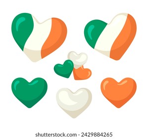 Set of hearts stickers for St Patricks Day. Heart shaped national flag of Ireland. Isolated vector design elements in cartoon style