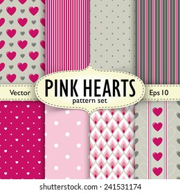 Set of hearts, stripes and dots seamless patterns. Patterns and setting with label and mesh shadow on separate layers. Eps 10 vector illustration.