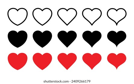 Set of hearts stroke and fill style in black and red color, Red heart icons set vector, Black heart set with line art. Set of 15 hearts of different shapes for web. Heart collection. Vector Art