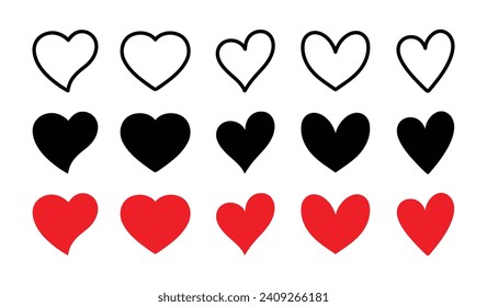 Juego de corazones trazo y relleno estilo de color negro y rojo, Iconos de corazón rojo conjunto vector, Corazón negro conjunto con arte de línea. Conjunto de 15 corazones de diferentes formas para la web. Colección de corazón. Arte vectorial