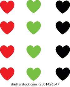 Set of hearts stroke and fill style in black ,green and red color, Red heart icons set vector, Black heart set with line art. Heart collection. Vector Art.