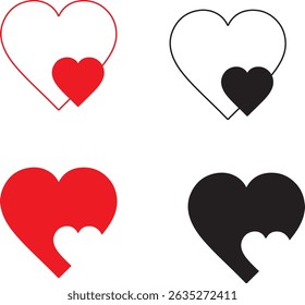 Set of hearts stroke and fill style in black and red color, Red heart icons set vector, Black heart set with line art.different shapes for web. Heart collection