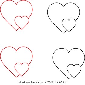 Set of hearts stroke and fill style in black and red color, Red heart icons set vector, Black heart set with line art.different shapes for web. Heart collection