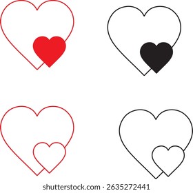 Set of hearts stroke and fill style in black and red color, Red heart icons set vector, Black heart set with line art.different shapes for web. Heart collection