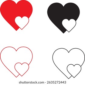 Set of hearts stroke and fill style in black and red color, Red heart icons set vector, Black heart set with line art.different shapes for web. Heart collection