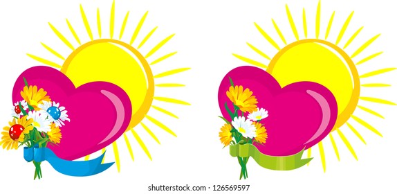 set of hearts in the sun with flowers Excessive banner