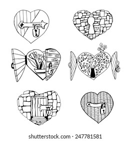 Set of hearts for tattoo on a white background. Set elements for design Valentine's day. Vector illustration.