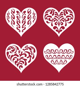 Set of hearts. Templates for laser cutting, plotter cutting, wood carving or printing. Elements of festive background.