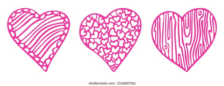 Conjunto de Corazones con textura. Ilustración vectorial estilo de grabado a mano para el Día de San Valentín