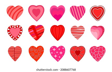 Set of hearts with textures and patterns, collection of hearts with different ornaments, for holiday, wedding, Valentine's Day, card decoration, for invitations. Vector illustration.