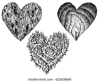 A set of hearts that convey the sensitive state of a person. A heart of stone, a prickly heart and a hot heart. Vector illustration isolated on white.