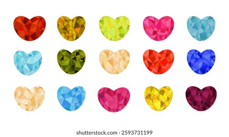 set of hearts triangulation, geometric pink, red, blue, yellow, green hearts, isolated on white background Vector